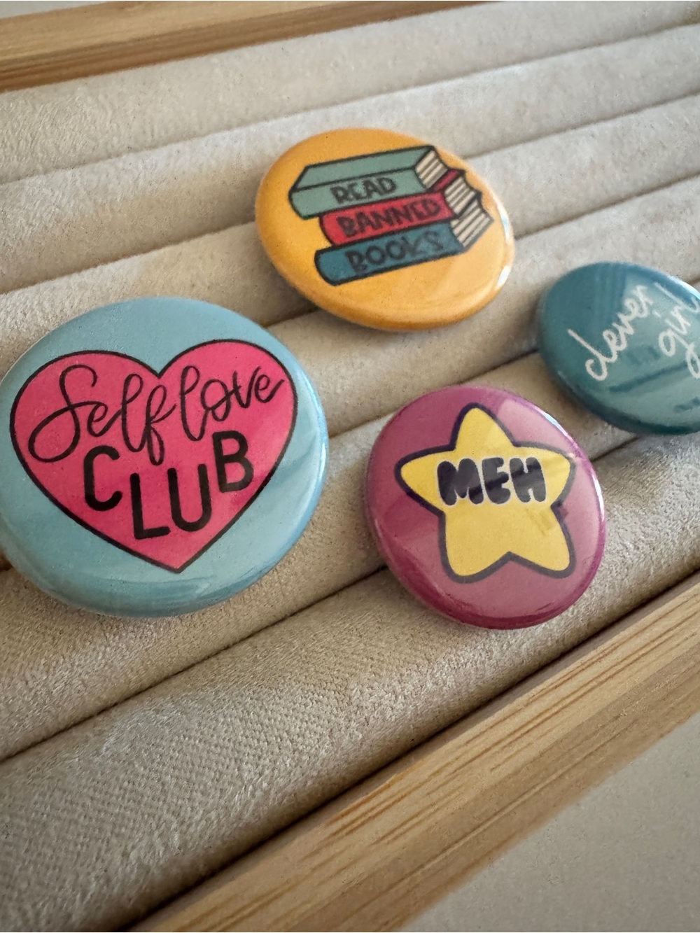 Set of 4 Motivational & Book Lover Button Pins | Self Love Club Clever Girl